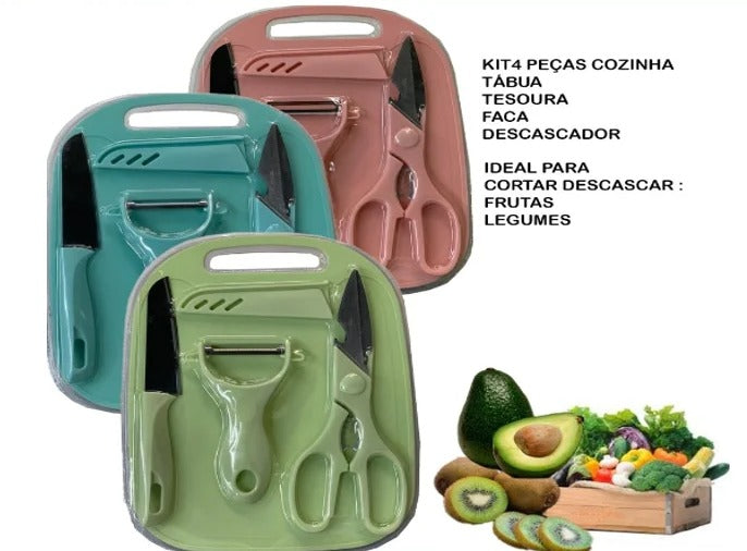 Kit colorido com tábua, faca, tesoura e descascador